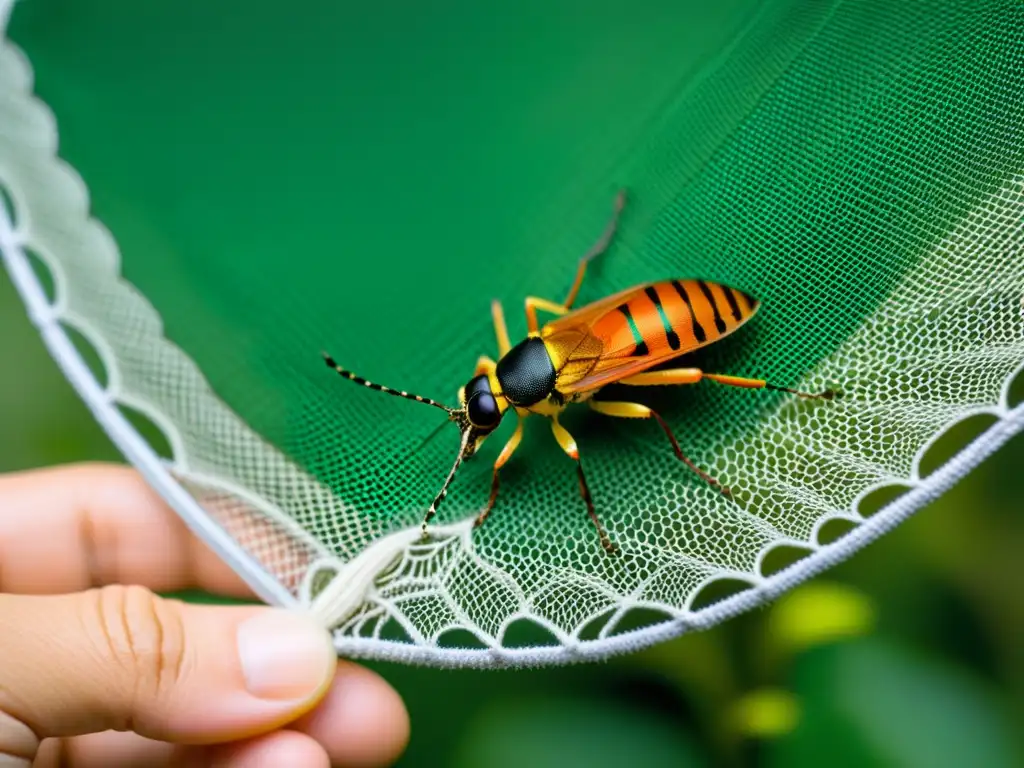 Una impresionante imagen detallada de una red entomológica meticulosamente mantenida, con colores vibrantes y enfoque nítido en el mango y el marco