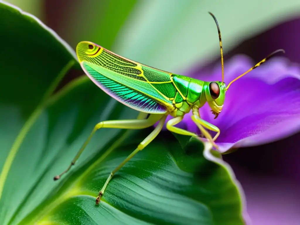 Una impresionante imagen detallada de un saltamontes verde vibrante sobre una delicada orquídea morada