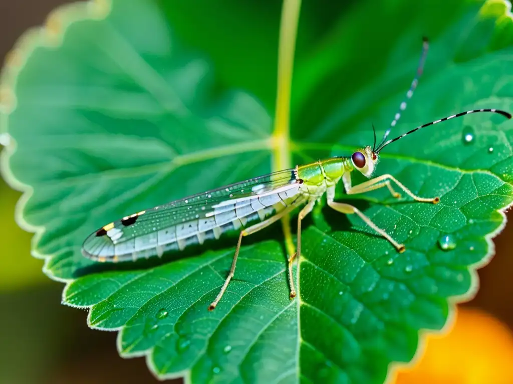 Una impresionante imagen detallada de un vibrante lacewing verde posado en una hoja translúcida con gotas de rocío