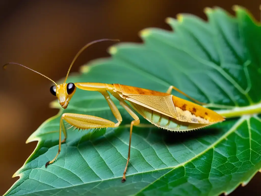 Una impresionante imagen de una mantis hoja muerta camuflada en una hoja seca, destacando su increíble mimetismo y camuflaje en insectos