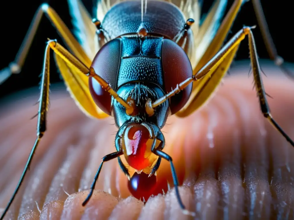 Microdetalle de mosquitos mordiendo piel humana Una impresionante imagen macro detalla el comportamiento de picadura de insectos, mostrando la complejidad de la anatomía del mosquito y su interacción con la piel humana
