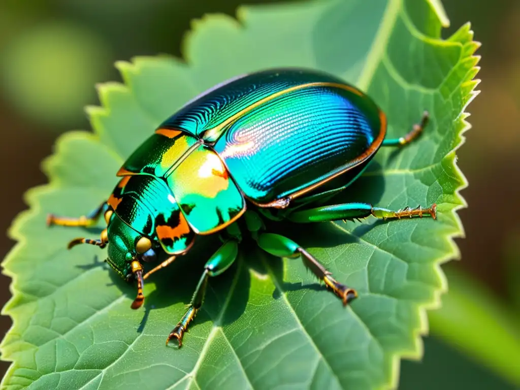 Una impresionante imagen macro de un escarabajo escarabajo iridiscente posado en una hoja, destacando la belleza de los insectos