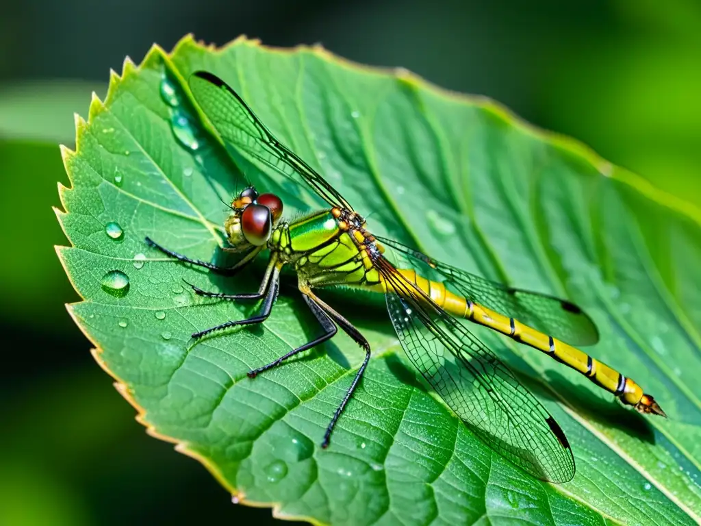 Una impresionante imagen macro de una libélula verde vibrante descansando en una hoja, resaltando sus detalles intrincados y su hábitat natural