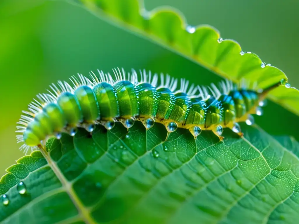 Una impresionante imagen macro de una oruga verde vibrante en una hoja con gotas de rocío