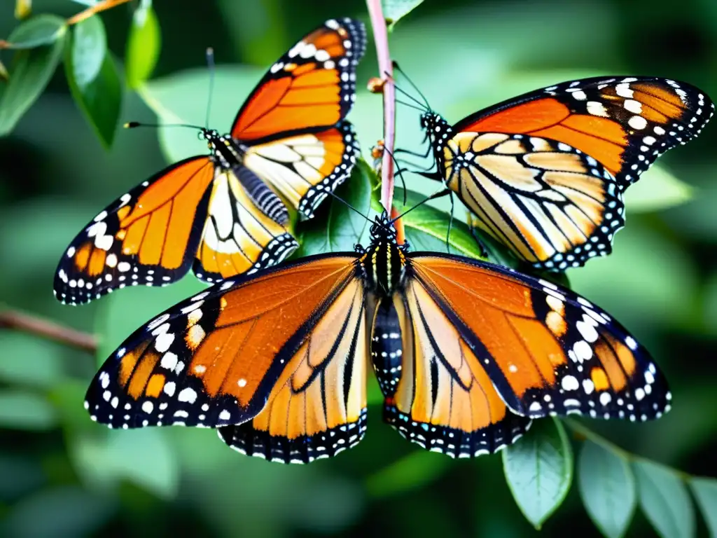 Una impresionante imagen de mariposas monarca en rama, mostrando su comportamiento social en un entorno natural