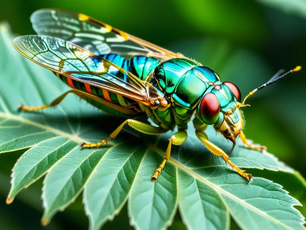 Una impresionante imagen en primer plano de una cigarra posada en una hoja, con sus alas desplegadas, mostrando patrones y texturas intrincados