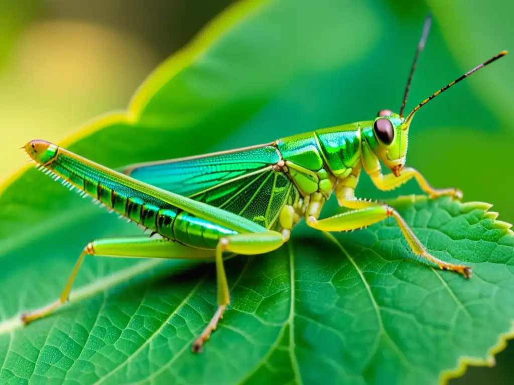 Una impresionante imagen de un saltamontes verde vibrante descansando en una hoja