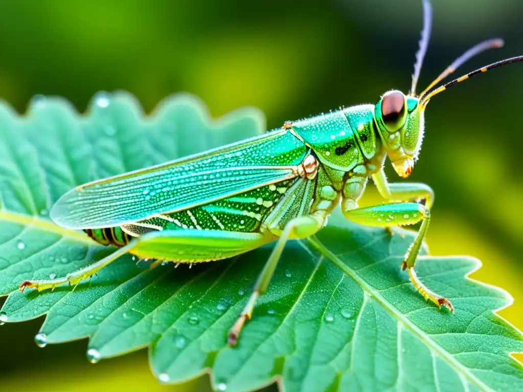 Una impresionante imagen de un saltamontes verde cubierto de gotas de rocío