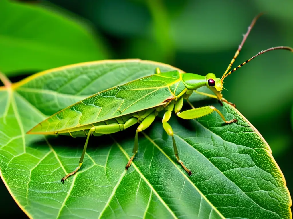 Un impresionante insecto hoja (Phyllium giganteum) con mimetismo y camuflaje en su habitat natural