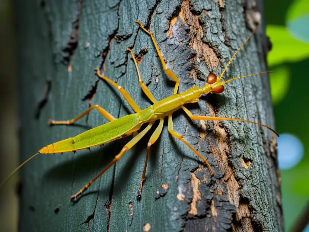 Un impresionante insecto palo mimetizado con la corteza de un árbol, destacando su asombrosa anatomía adaptativa para camuflaje