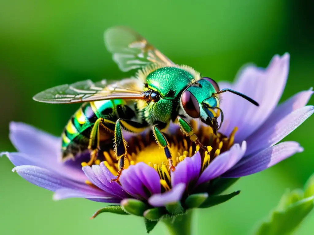 Una impresionante fotografía para conservación de insectos, muestra una abeja de metal verde sobre una flor morada, con sus alas iridiscentes desplegadas y polen en su cuerpo peludo