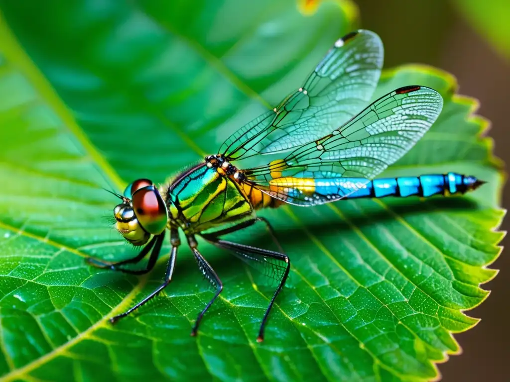 Una impresionante libélula iridiscente posada en una hoja verde brillante, resplandece con la biodiversidad de insectos voladores