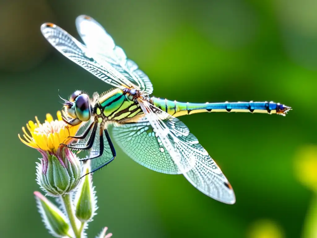 Una impresionante libélula verde reposa sobre una flor silvestre, con sus alas iridiscentes desplegadas bajo el sol