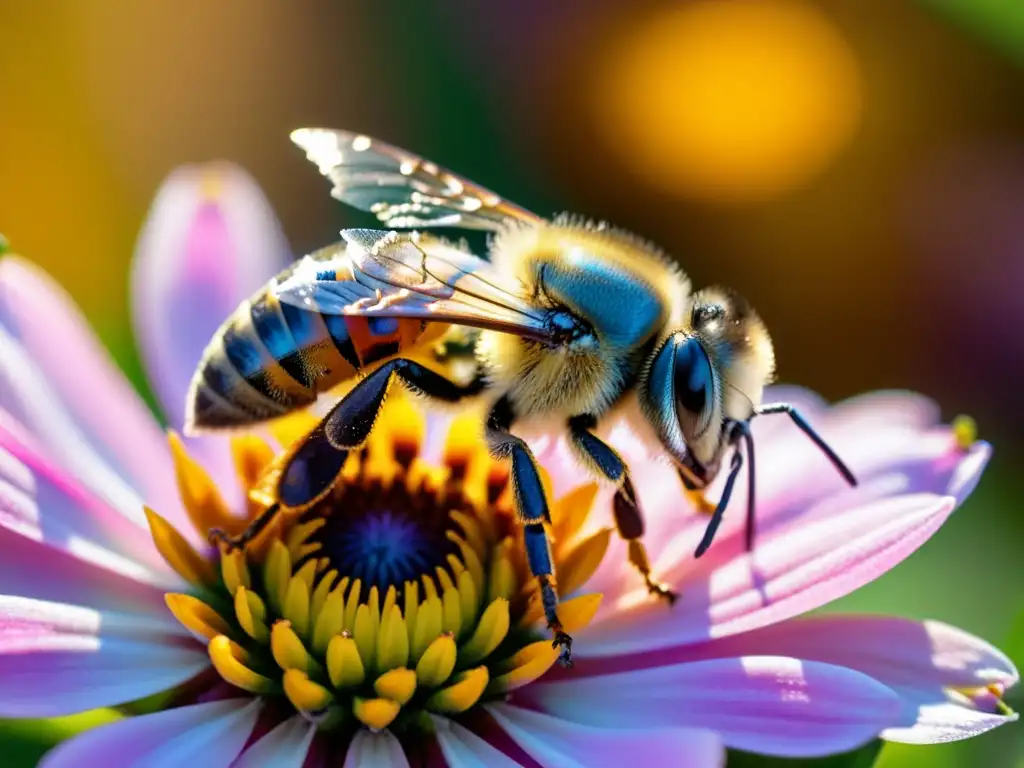 Maravilla de la Naturaleza: Abeja y Flor en Macro Una impresionante fotografía macro muestra una abeja posada en una flor vibrante, destacando la importancia de las abejas en mitología