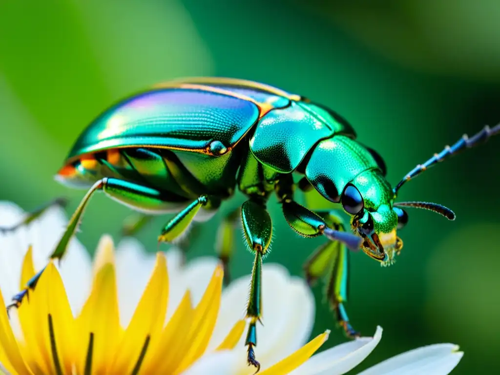 Una impresionante fotografía macro detallada de un escarabajo metálico verde en una delicada flor iridiscente