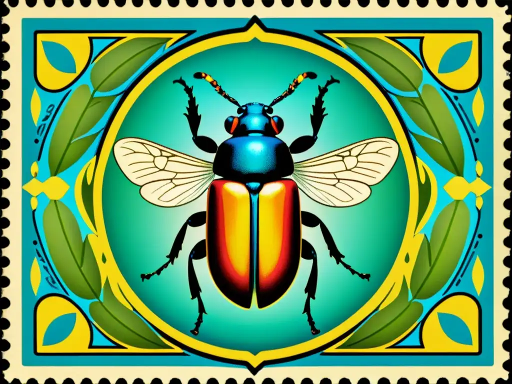 Detalle asombroso: Sello vintage con ilustración vívida de escarabajo Una impresionante fotografía macro detallada de un sello vintage con una ilustración colorida e intricada de un escarabajo