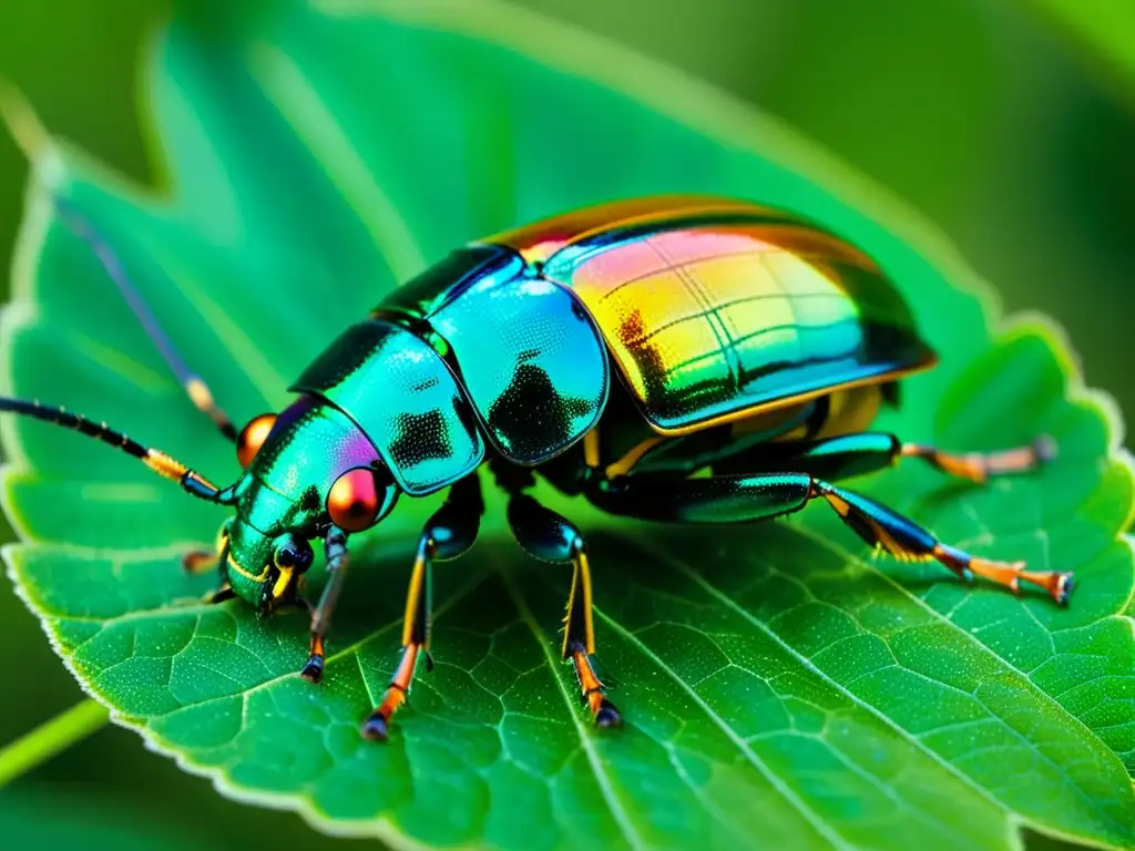 Una impresionante fotografía macro de un escarabajo iridiscente posado en una hoja verde, destacando la belleza del mundo de los insectos