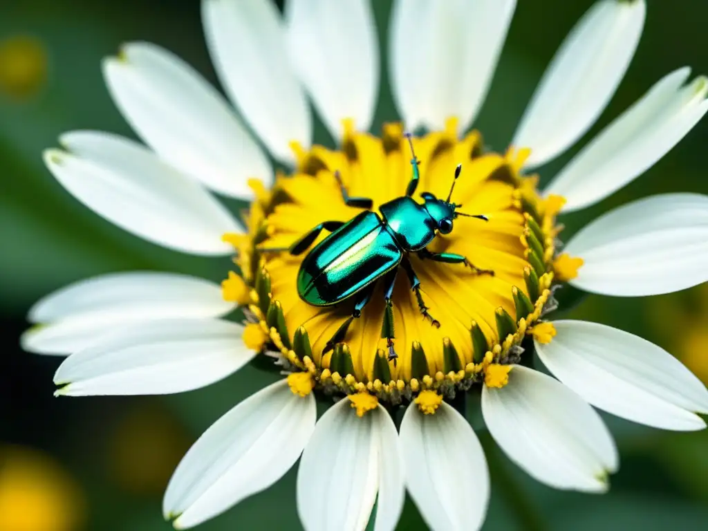 Una impresionante fotografía macro de un escarabajo metálico verde en pétalos de margarita, destacando detalles iridiscentes