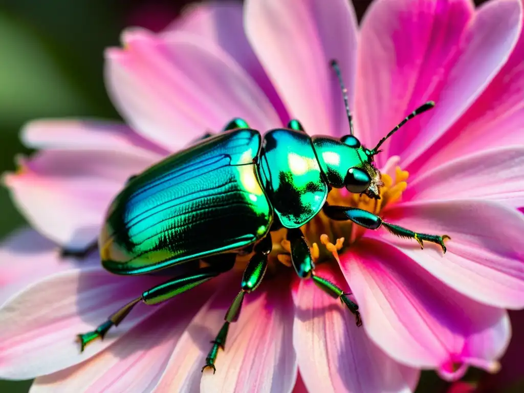 Una impresionante fotografía macro de un escarabajo verde metálico posado en un pétalo de flor rosa