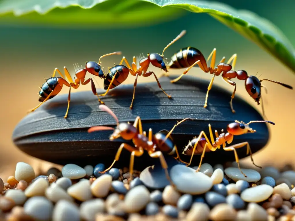 Un impresionante macro de hormigas transportando comida, resalta la importancia de los insectos en ecosistemas