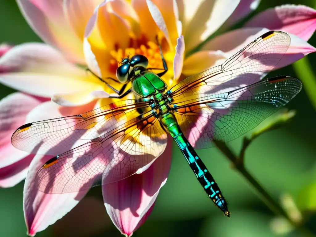 Una impresionante fotografía macro de insectos consejos captura la belleza frágil de una libélula verde vibrante posada en un pétalo rosa