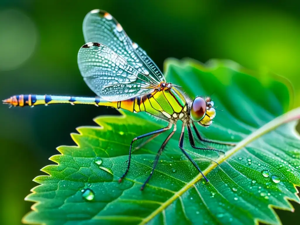 Una impresionante fotografía macro de insectos especializada captura la belleza etérea de una libélula verde en una hoja cubierta de rocío