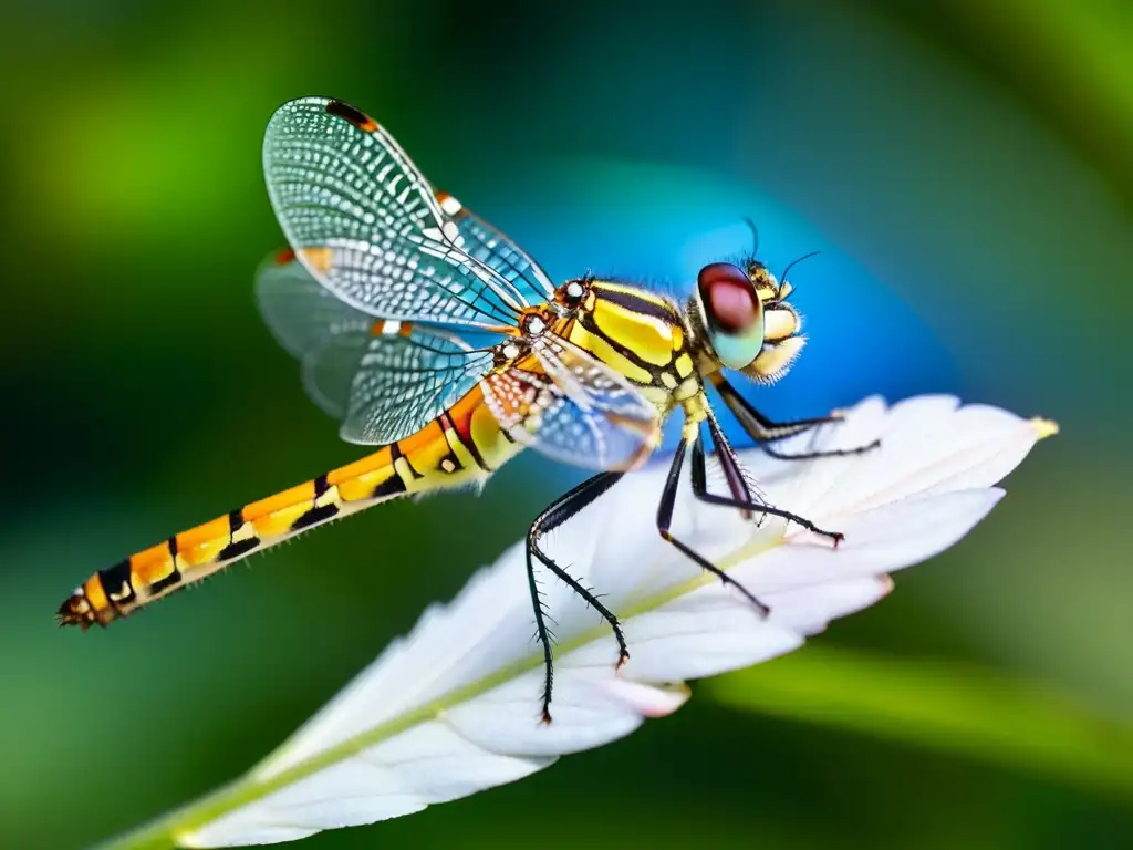 Una impresionante fotografía macro de una libélula brillantemente coloreada posada en un pétalo delicado