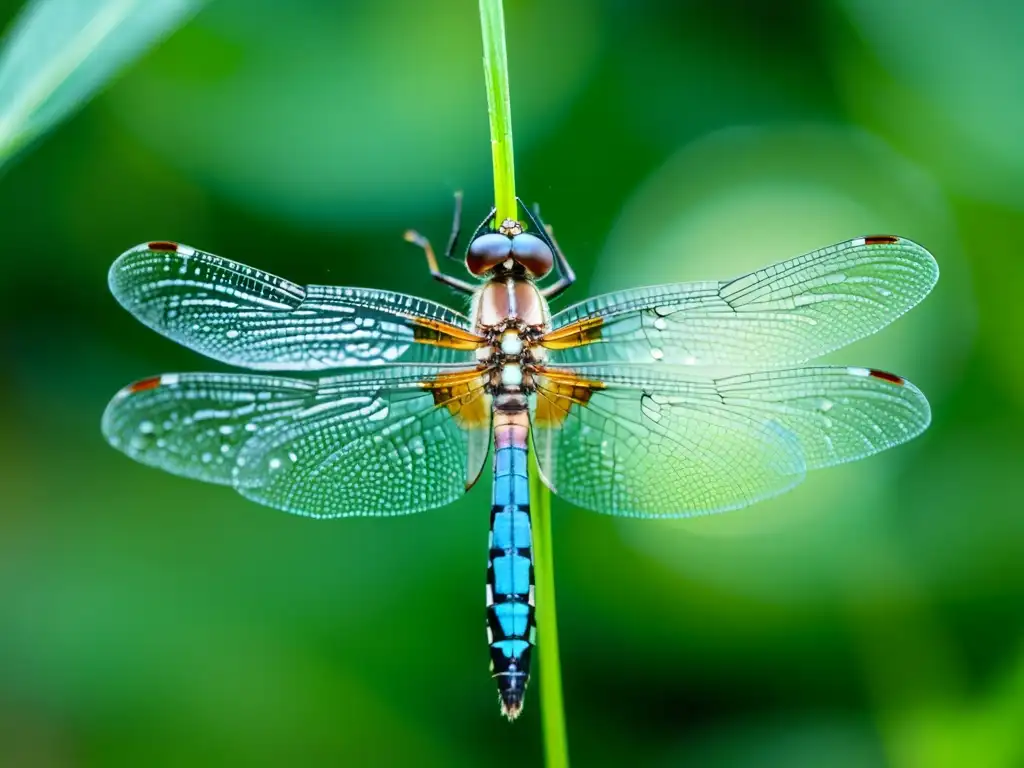 Fotografía de un impresionante macro de una libélula iridiscente posada en una hoja cubierta de rocío