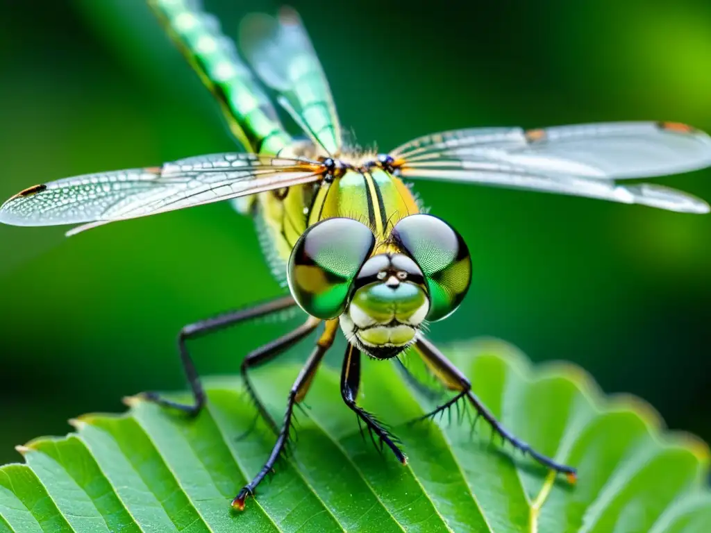 Una impresionante fotografía macro de una libélula verde vibrante posada en una hoja, con sus alas irisadas extendidas