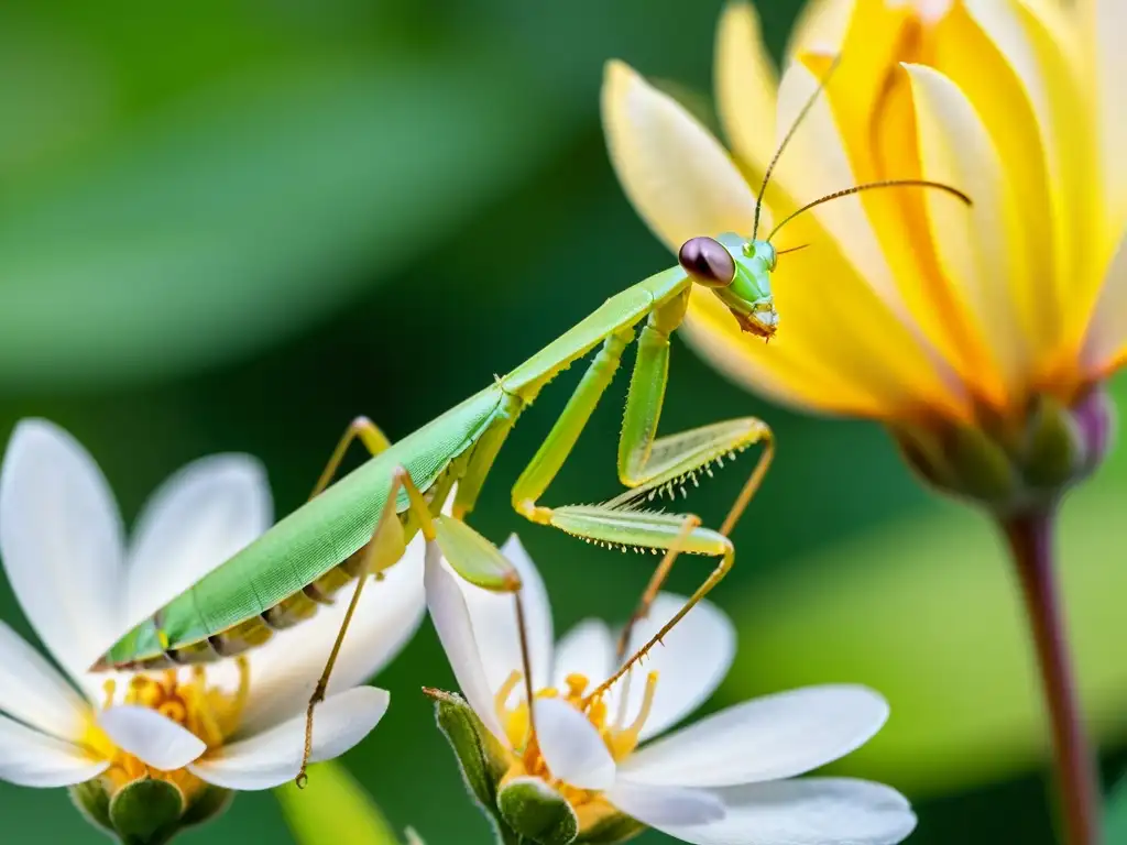 Un impresionante macro de una mantis verde en una flor