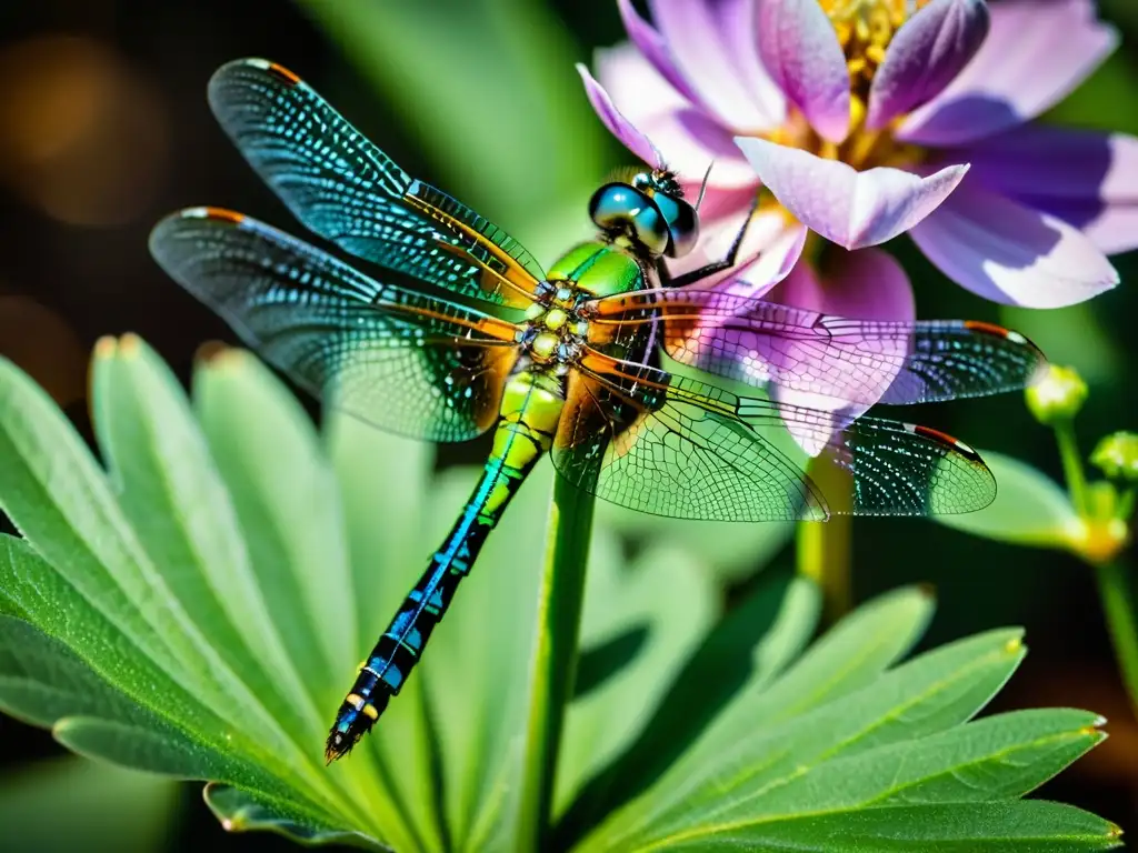 Una impresionante macrofotografía de una libélula verde vibrante posada en una delicada flor morada