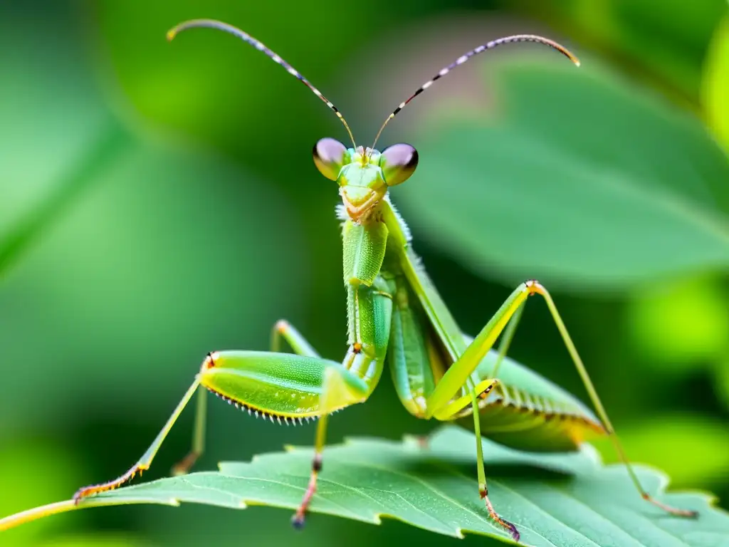 Una impresionante mantis religiosa en primer plano sobre una hoja, sus detalles y belleza resaltan la importancia de los insectos en narrativas