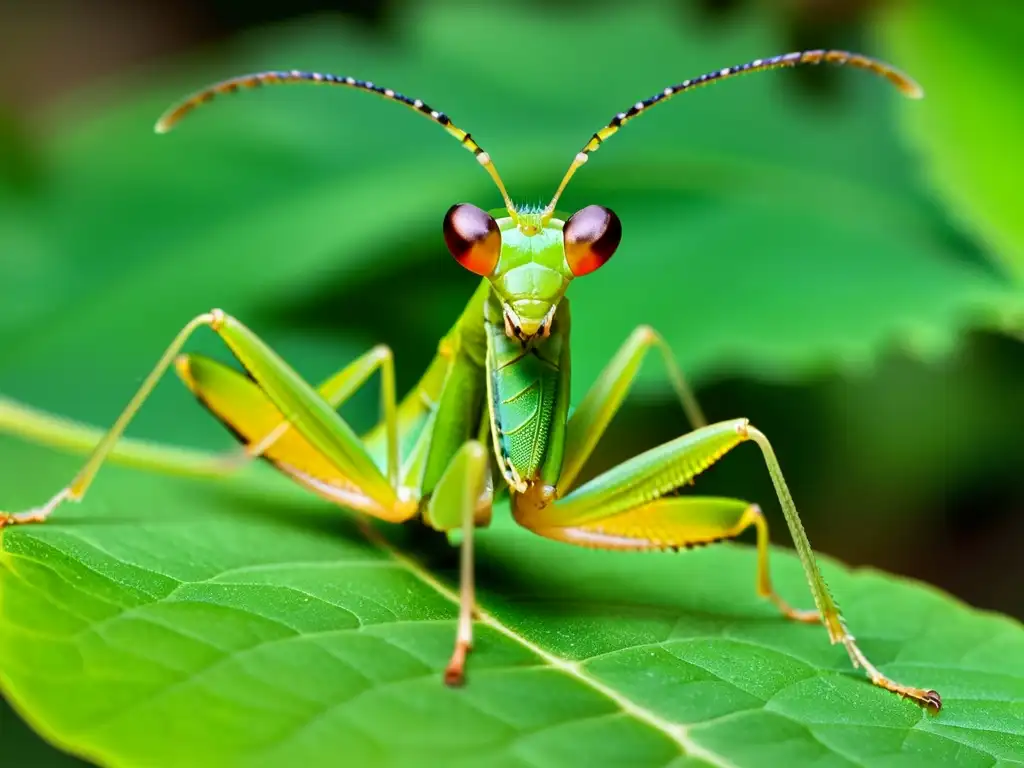 Una impresionante mantis religiosa verde en primer plano sobre una hoja, revelando la increíble textura y detalles de su exoesqueleto