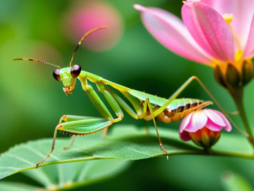 Una impresionante mantis religiosa verde reposa en un pétalo rosa, destacando su importancia en la sostenibilidad