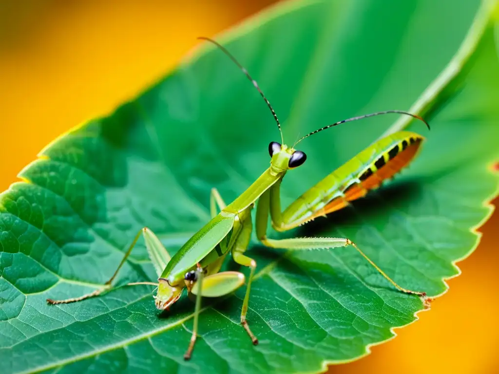 Una impresionante mantis verde en una hoja, mostrando su belleza y la importancia de la legislación para la conservación de los insectos