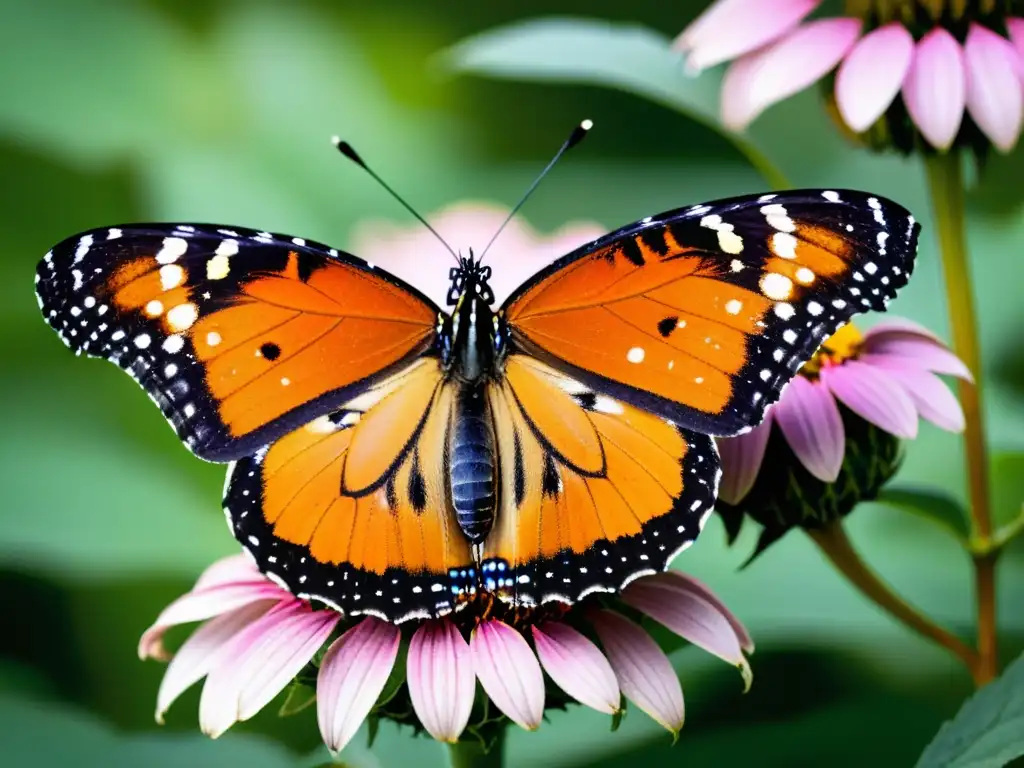 Una impresionante mariposa monarca posada en una flor morada, destacando la importancia de los polinizadores en los ecosistemas globales