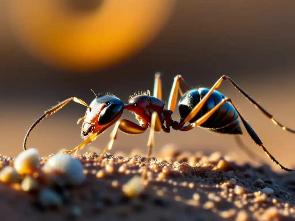 Un impresionante primer plano de una hormiga del desierto explorando terreno árido en busca de alimento