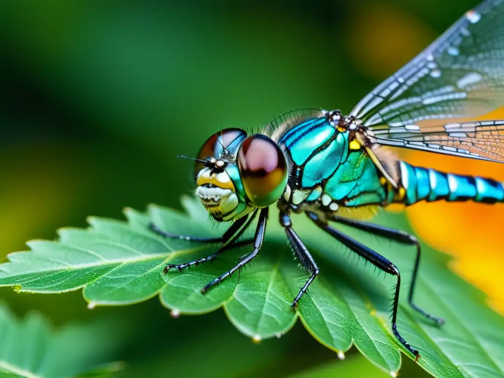 Un impresionante primer plano de una libélula en pleno vuelo, mostrando la estructura detallada de sus alas transparentes, la iridiscencia vibrante de su cuerpo y las delicadas venas de sus alas mientras se desplaza cerca de una exuberante hoja verde