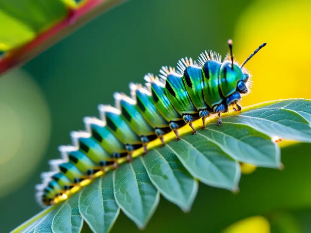 Un impresionante primer plano de una oruga verde vibrante comiendo hojas de una planta