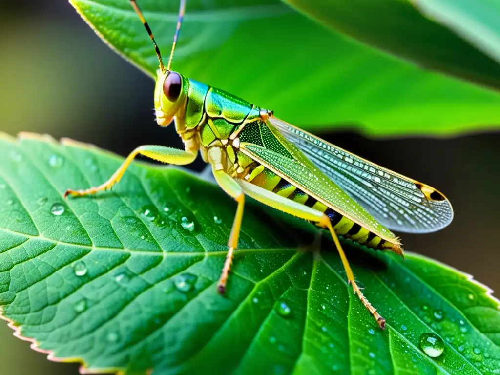 Un impresionante primer plano de un saltamontes gigante posado en una hoja verde vibrante, con sus alas translúcidas brillando al sol