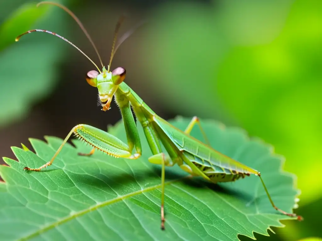 Un impresionante primer plano de una vibrante mantis religiosa verde en su hábitat natural