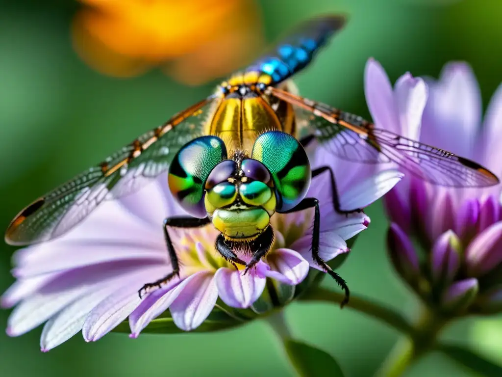 Una impresionante fotografía de técnicas de fotografía de insectos, muestra una libélula de ojos verdes posada en un pétalo morado