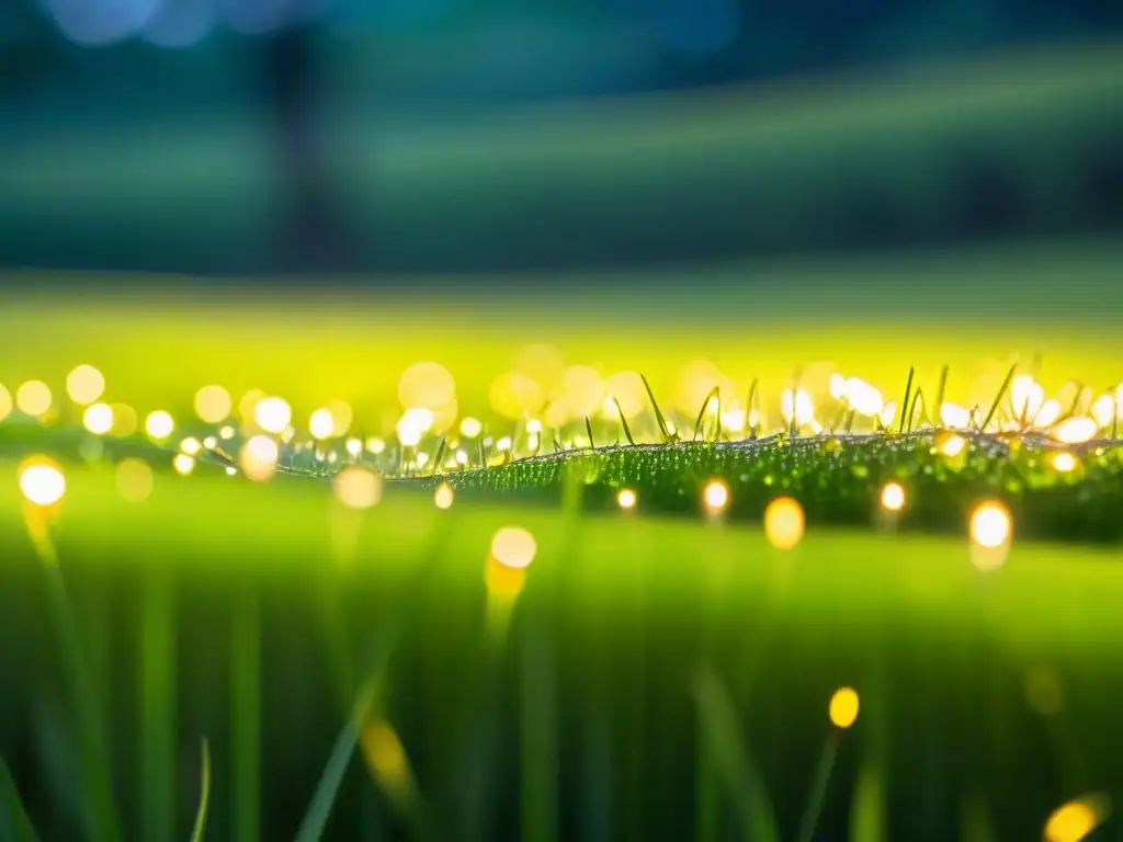 Una impresionante vista nocturna de un campo verde vibrante iluminado por destellos de luciérnagas