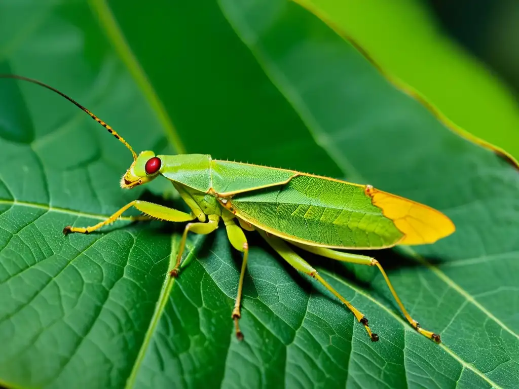 Increíble camuflaje de un insecto hoja mimetizado perfectamente en una hoja, destacando su defensa pasiva para evitar depredadores