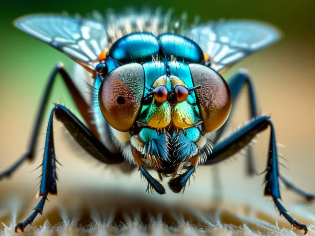 Increíble detalle de una mosca común con alas iridiscentes