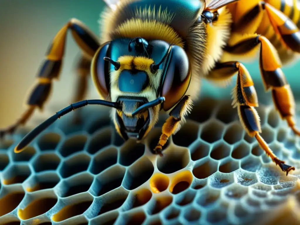 Increíble detalle de la pata de una abeja, resaltando su estructura y patrones de diseño sostenible en insectos