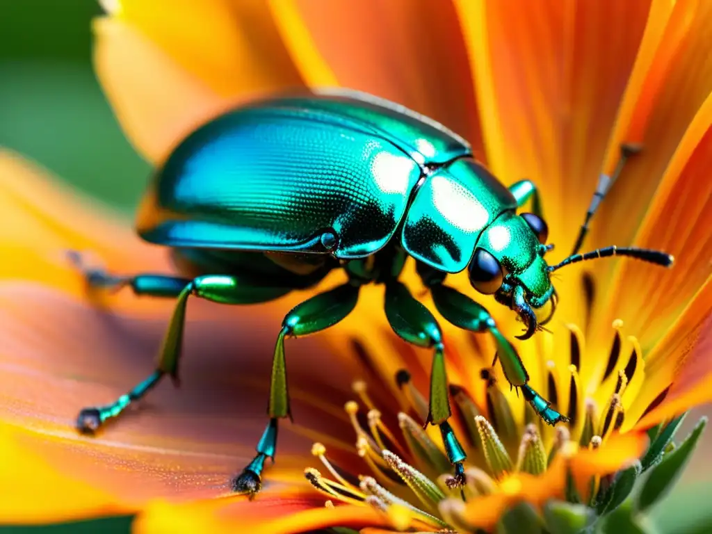 Un increíble escarabajo metálico verde iridiscente posado en un pétalo de flor naranja, deslumbrando con su belleza