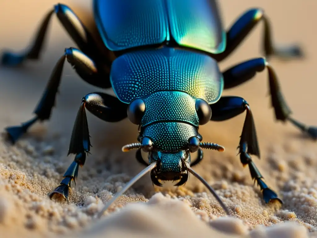 Increíble escena en el desierto: escarabajo oscuro (Eleodes obscurus) cubierto de arena, con su exoesqueleto especializado y patrones intrincados