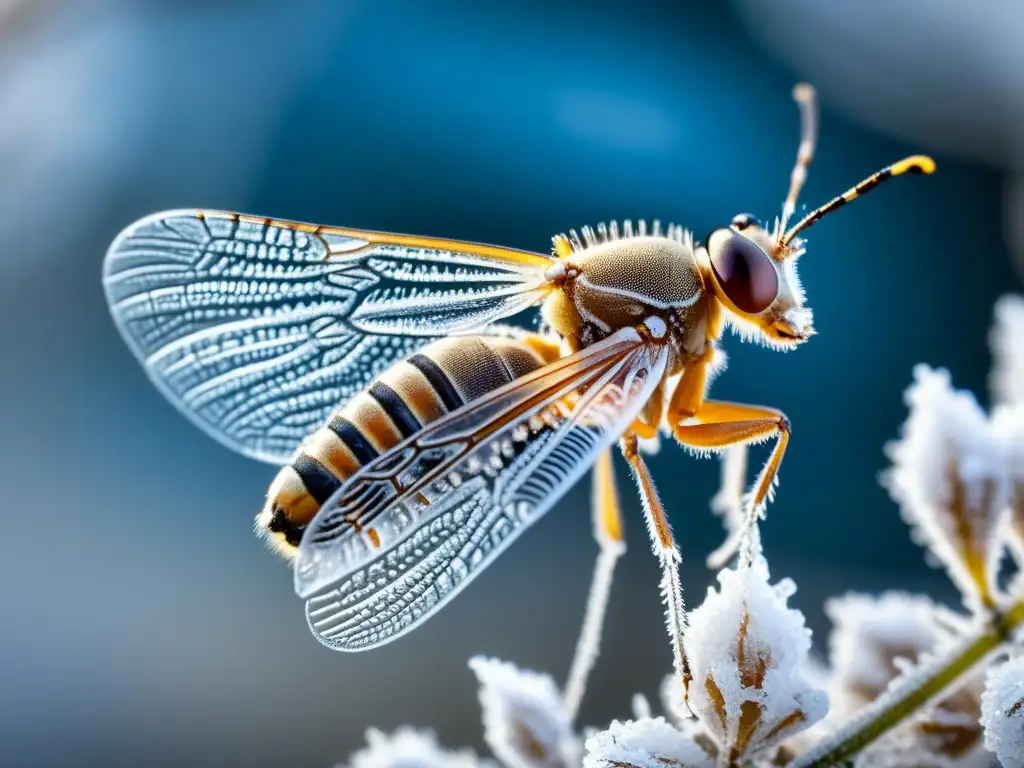 Increíble adaptación extrema en criptobiosis de insectos, congelado en delicados cristales de hielo en un paisaje helado