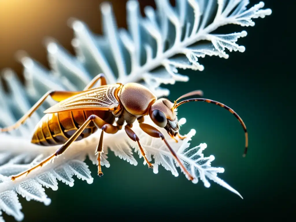 Increíble adaptación extrema en criptobiosis de insectos, con cristales de hielo formándose alrededor de su exoesqueleto